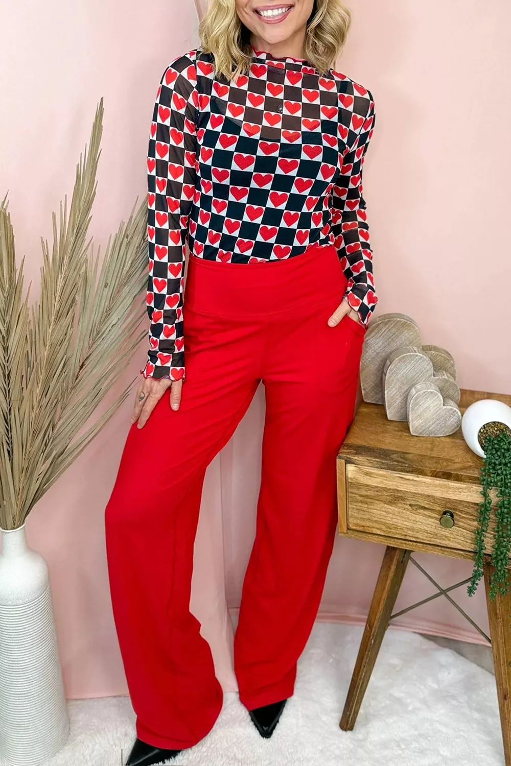 Plaid Heart Mesh Sheer Long Sleeve High Neck Top, image 10