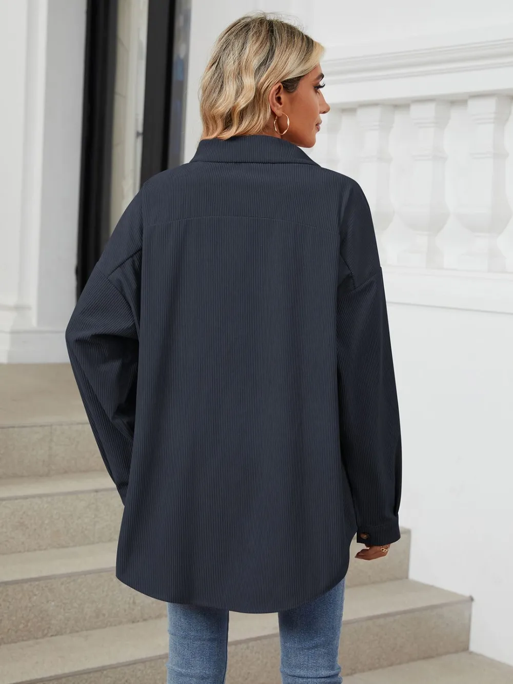 Collared Neck Long Sleeve Dropped Shoulder Shirt, image 12