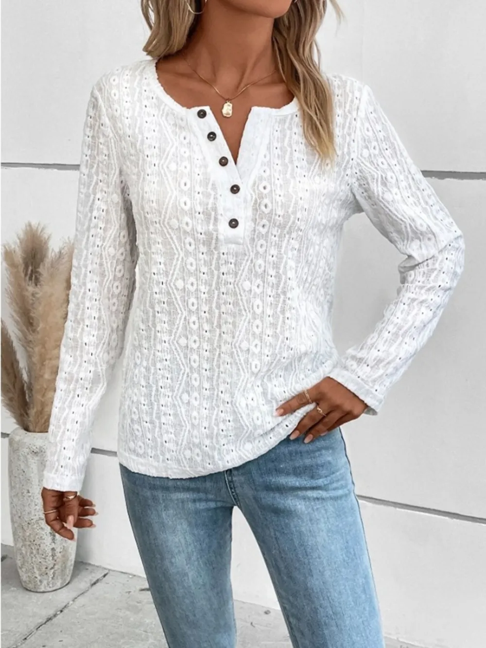 Openwork Half Button Long Sleeve Blouse, image 6