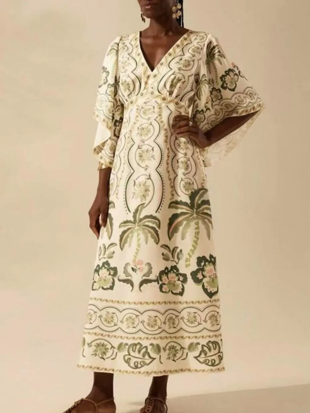 Palm Print V-Neck Midi Dress, image 2