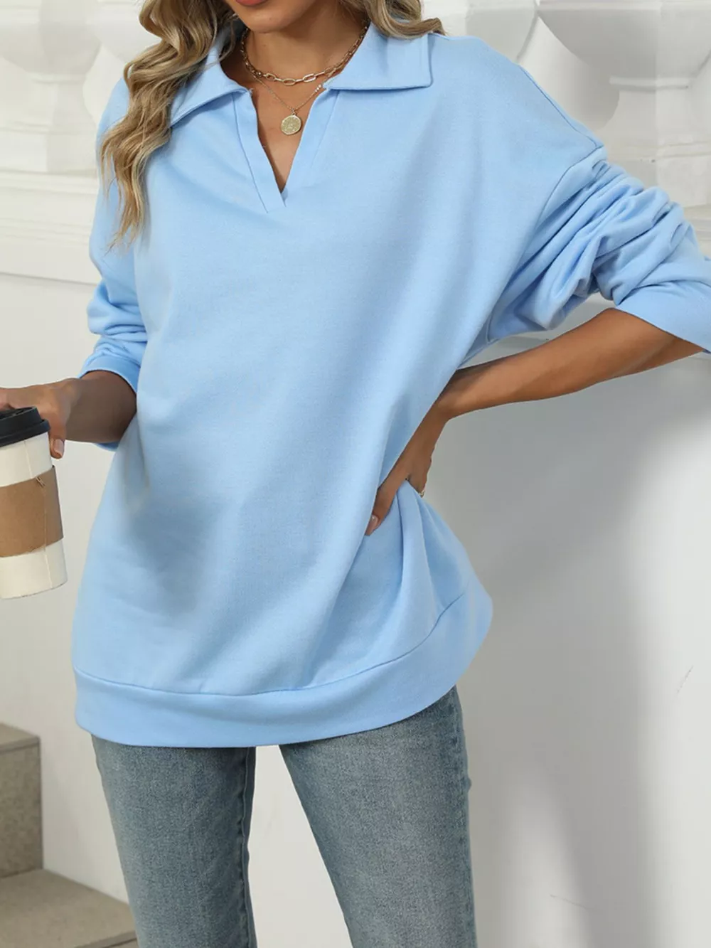 Johnny Collar Drop Shoulder Long Sleeve Sweatshirt, image 10