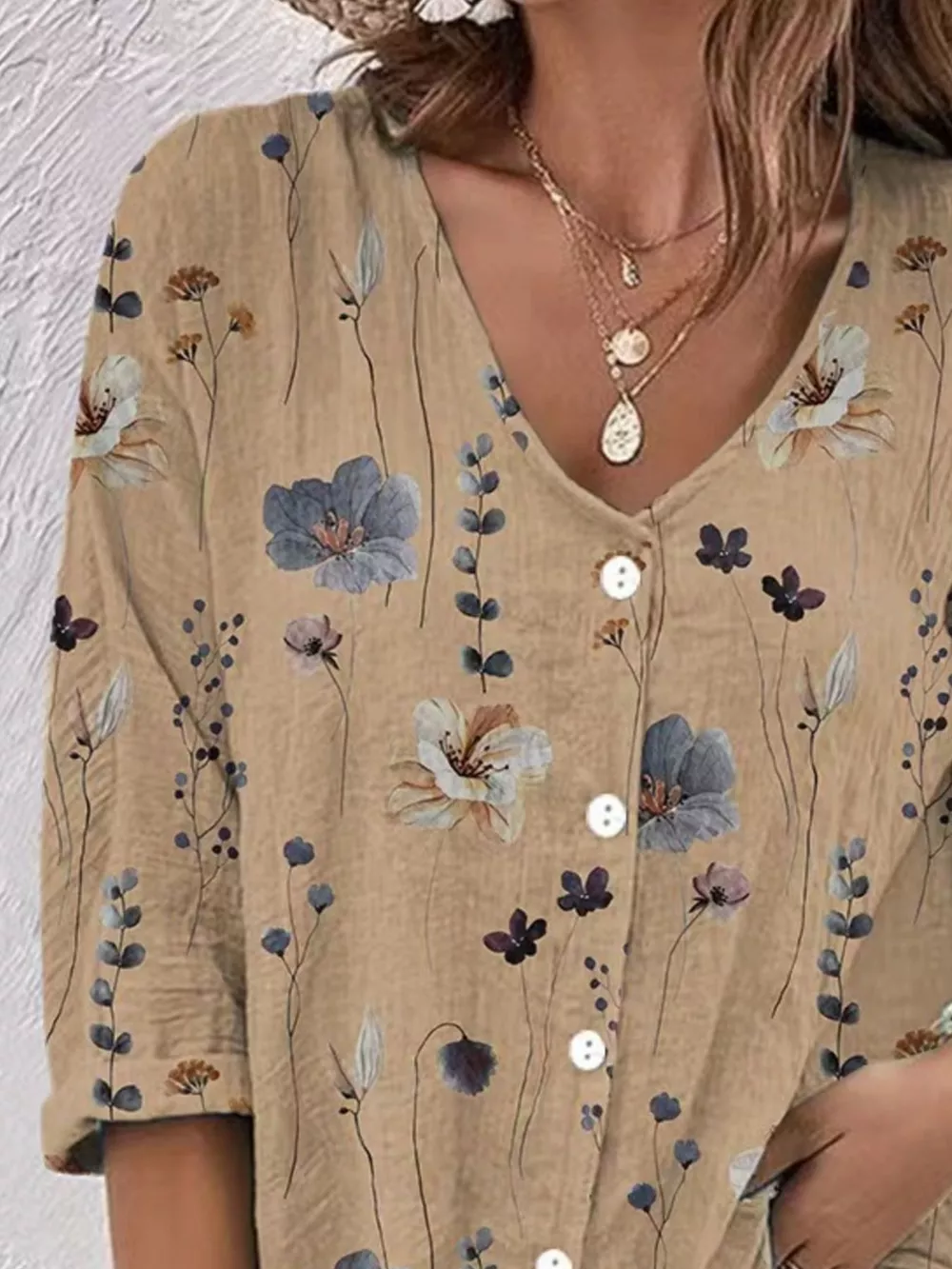 Floral Print V-Neck Button-Down Shirt, image 3