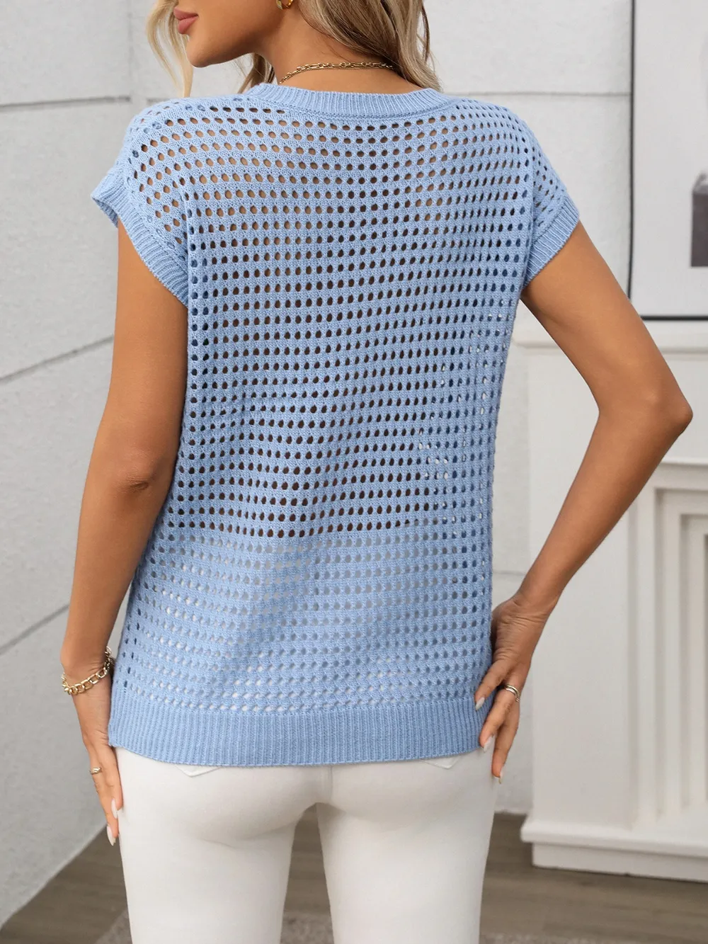 Openwork Round Neck Short Sleeve Knit Cover Up, image 4