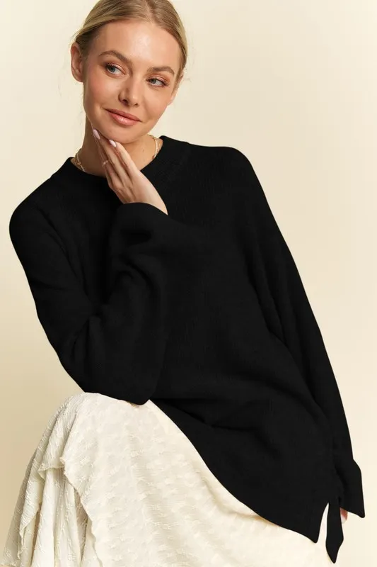 High-Low Round Neck Drop Shoulder Sweater, image 4