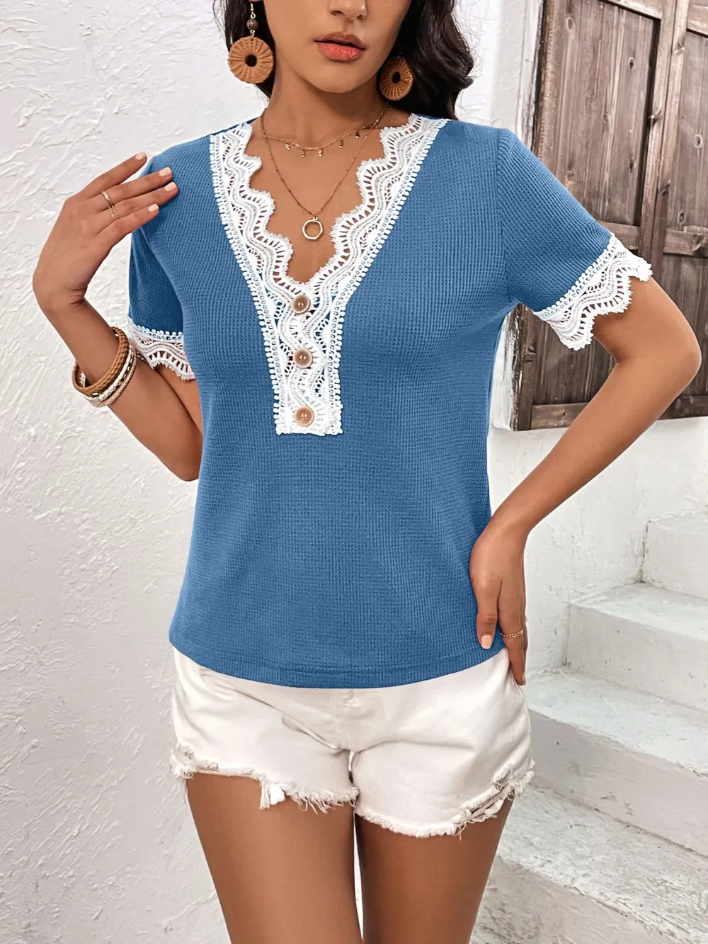 Lace Detail V-Neck Short Sleeve T-Shirt, image 5