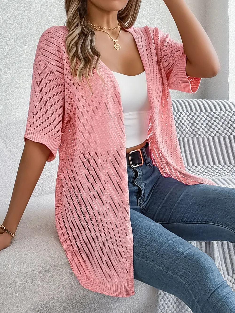 Openwork Open Front Half Sleeve Cardigan, image 13