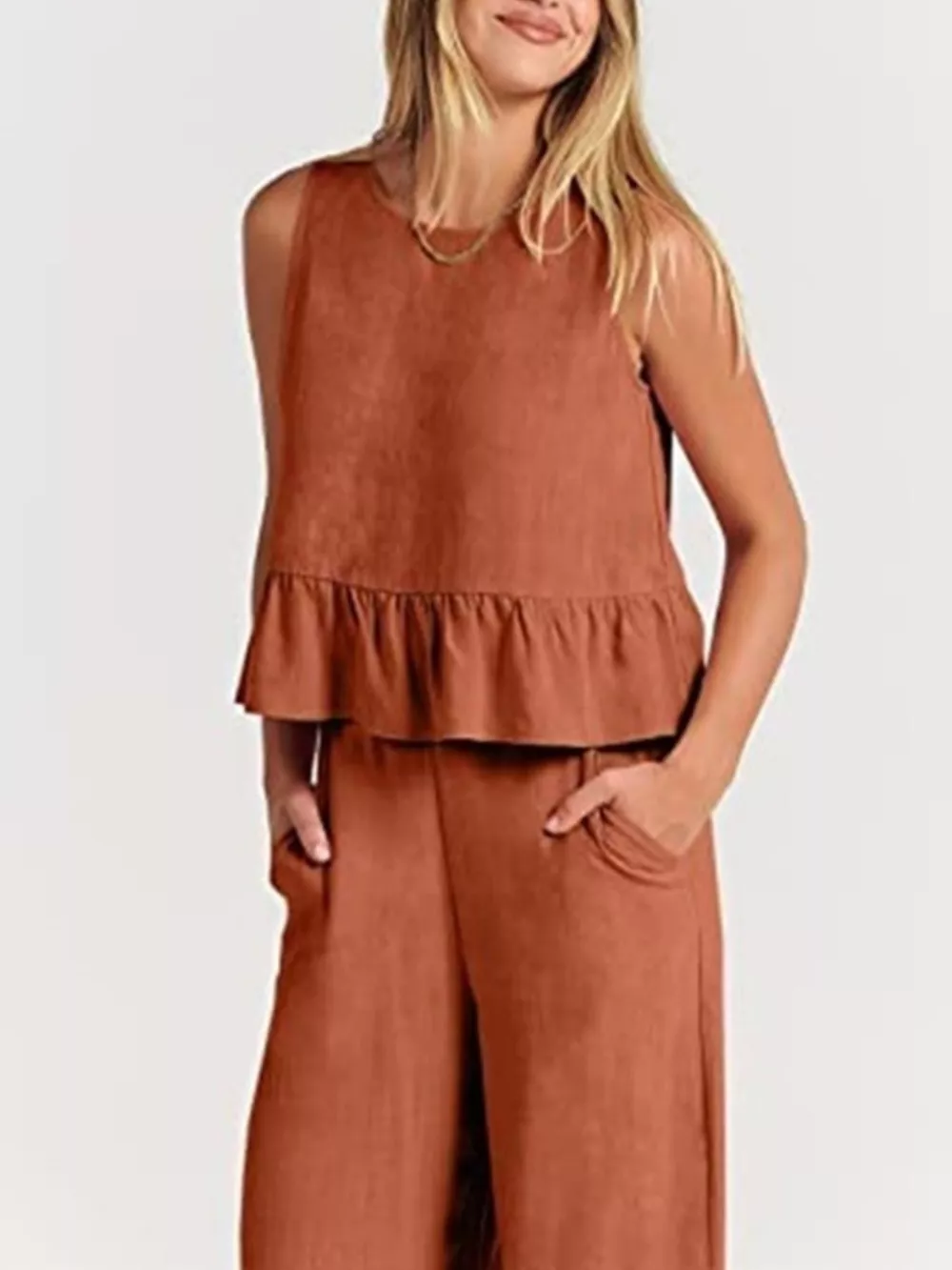 Full Size Ruffled Hem Sleeveless Top and Wide-Leg Pants Set Plus Size, image 27
