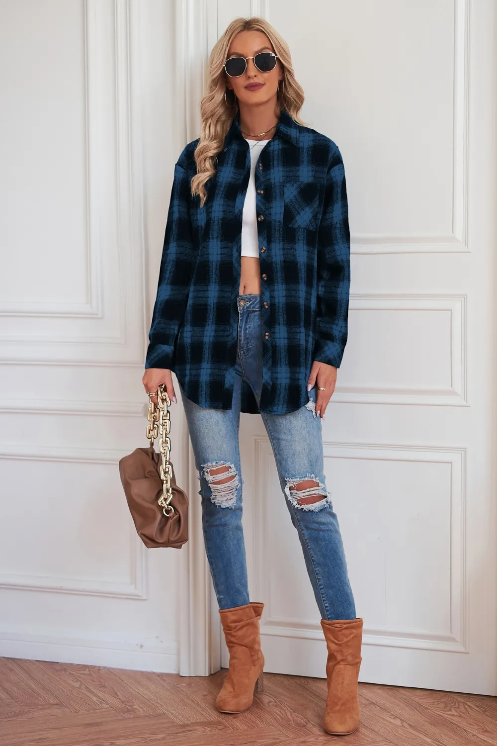 Plaid Button Up Dropped Shoulder Outerwear, image 14