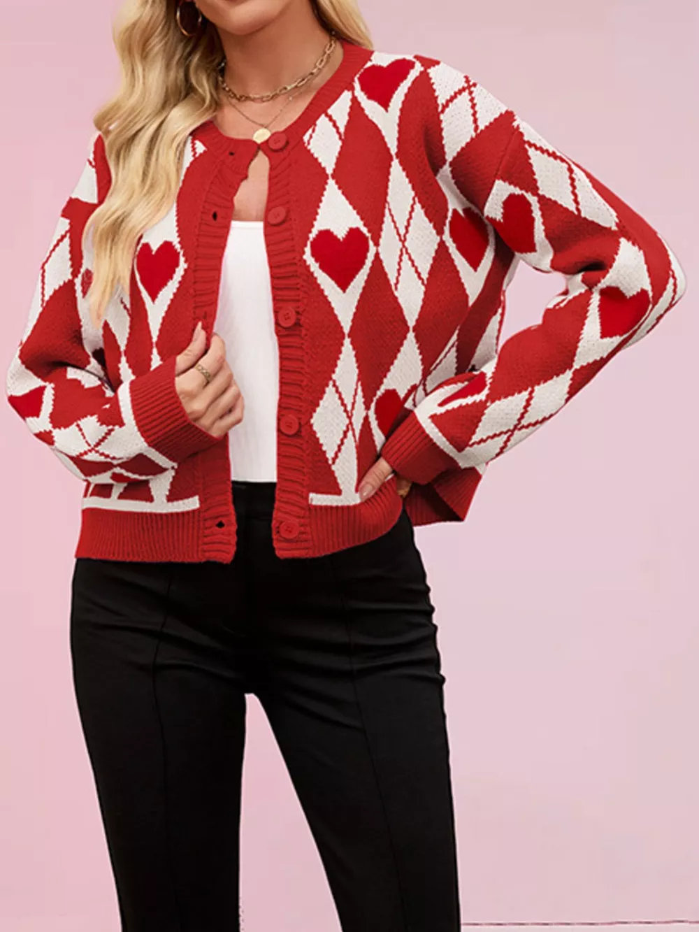 Argyle Heart Pattern Button-Up Knit Cardigan, image 6