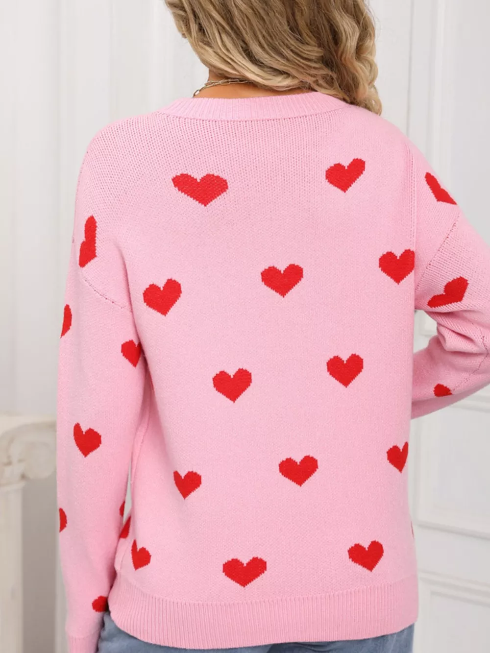 Valentine's Day Heart Pattern Dropped Shoulder Sweater, image 10