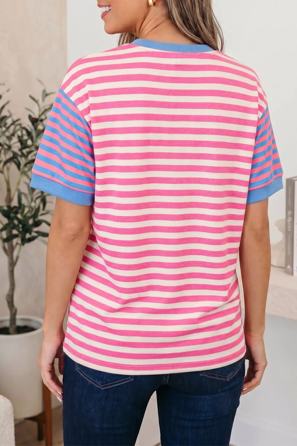 Stripe Contrast Patchwork Short Sleeve Loose Tee, image 3