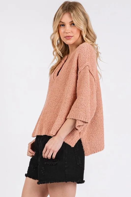 Side Slit Notched Drop Shoulder Sweater, image 4
