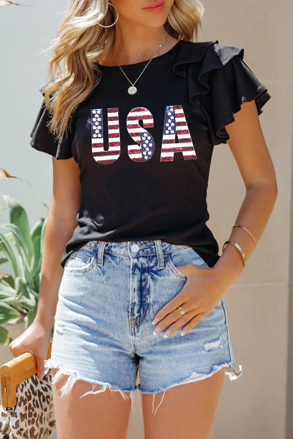 USA Round Neck Flounce Sleeve Top, image 2
