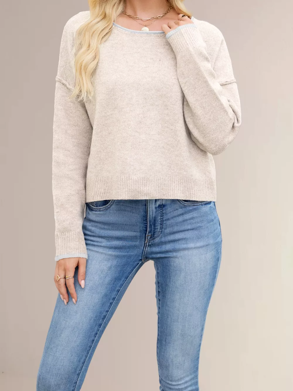 Round Neck Dropped Shoulder Sweater, image 3