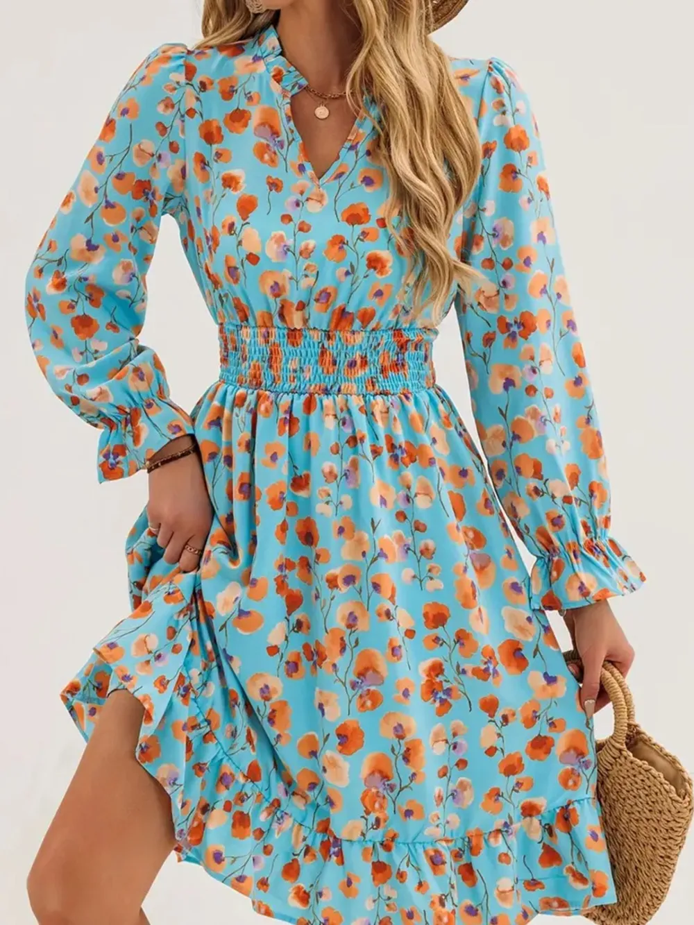Floral Print Flounce Sleeve Ruffle Hem Dress, image 2
