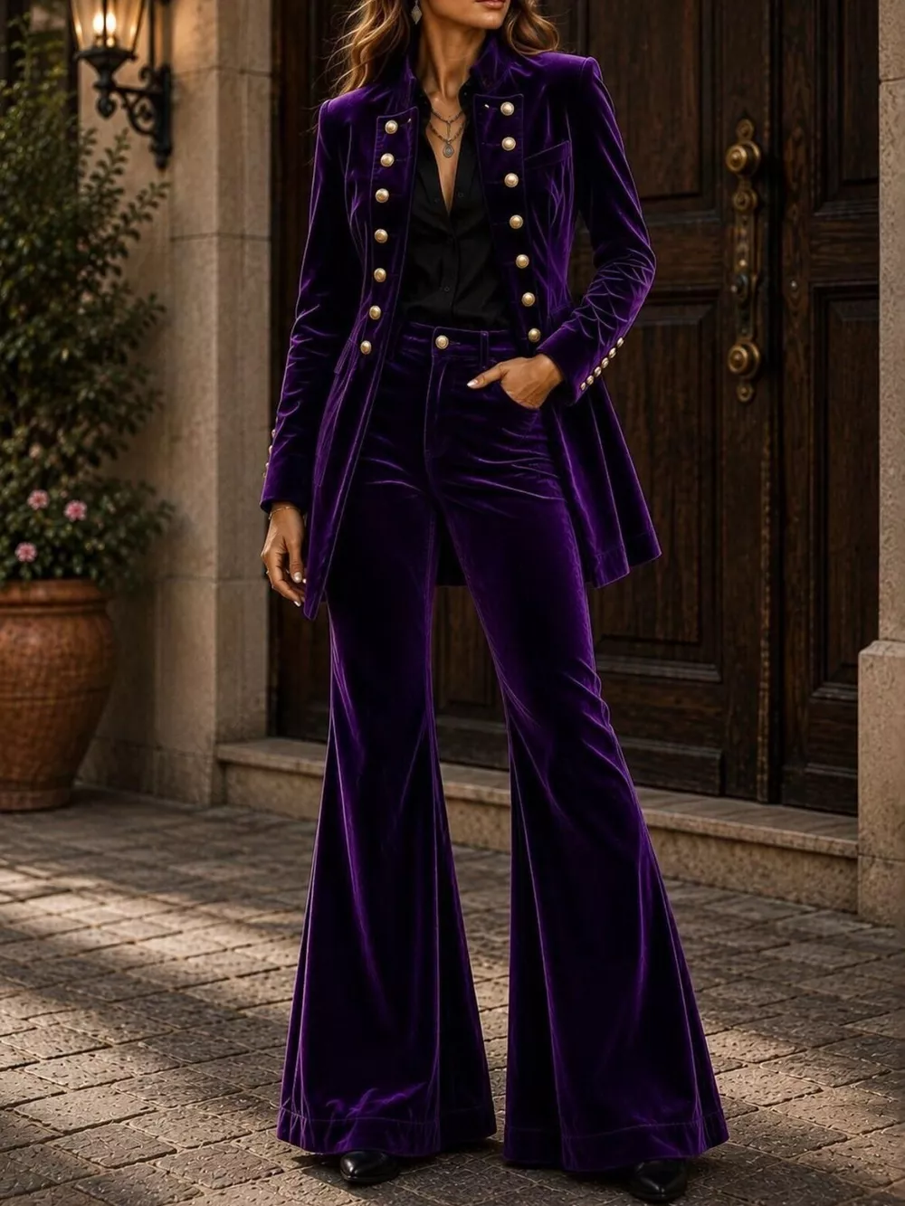 Velvet Double-Breasted Blazer and Flare Pants Set, image 13