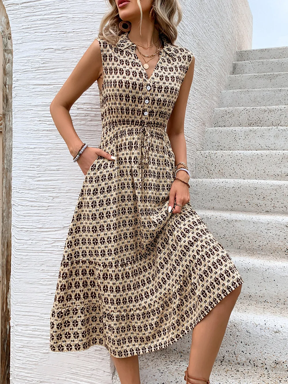 Printed Johnny Collar Midi Dress, image 4
