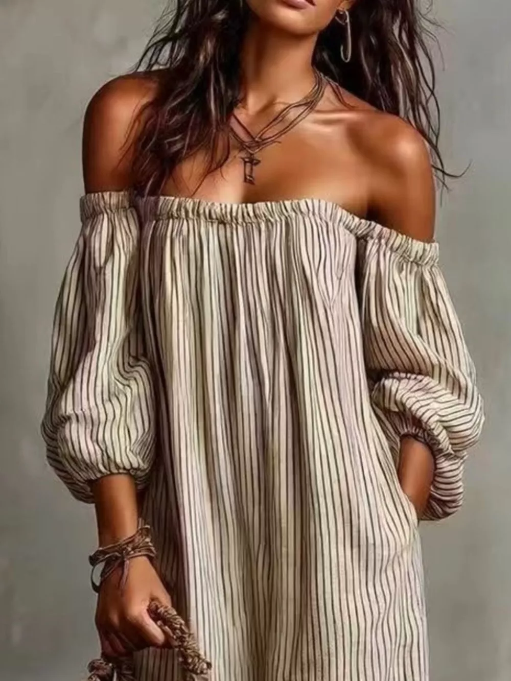 Full Size Off-Shoulder Striped Maxi Dress with Puff Sleeves Plus Size, image 4