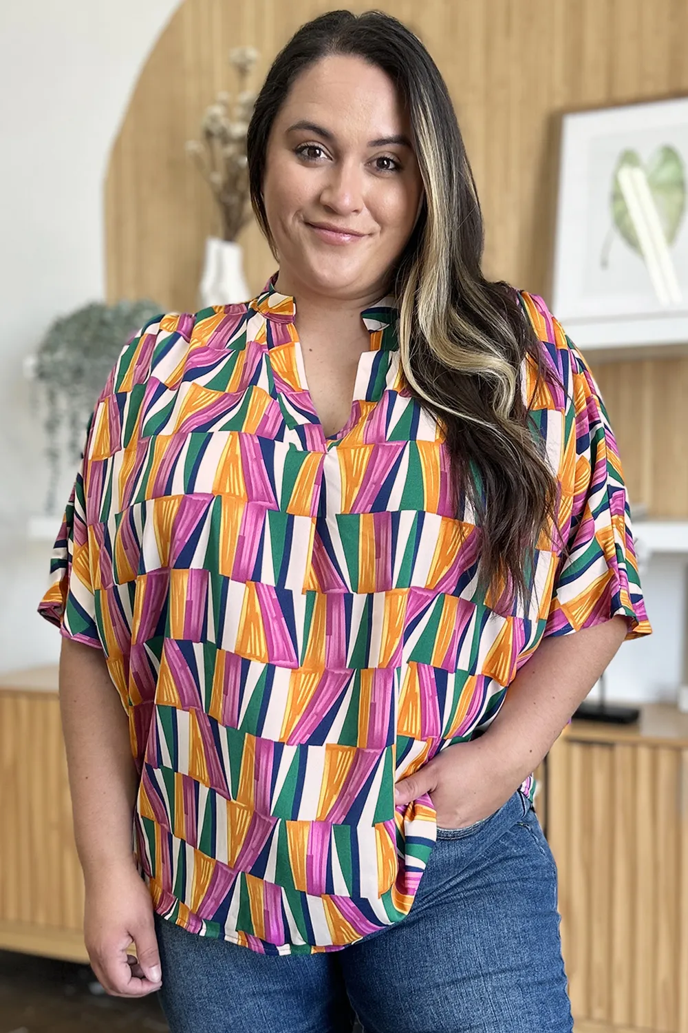 Full Size Geometric Notched Dolman Sleeve Top, image 10