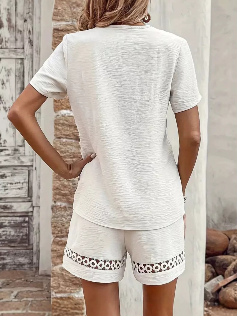 Lace Trim Short Sleeve Top and Shorts Set, image 4