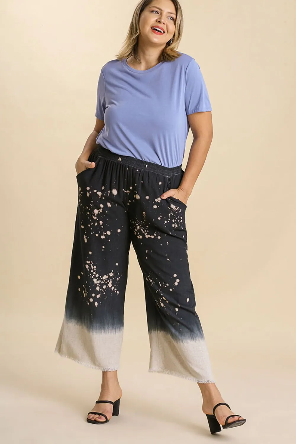 Full Size Raw Hem Linen Blend Bleach Dip Dye Wide Leg Pants Plus Size, image 4