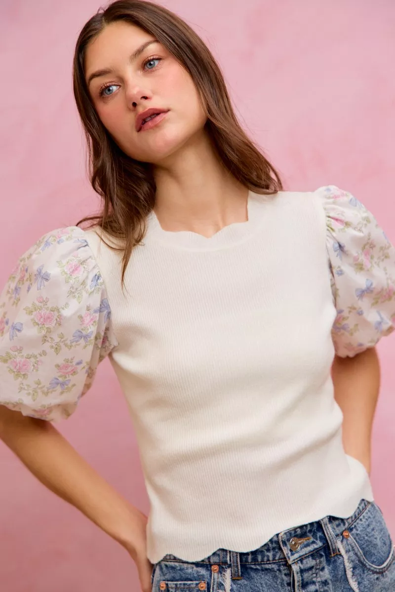 Floral Cotton Contrast Sleeves Scallop Sweater Top, image 17