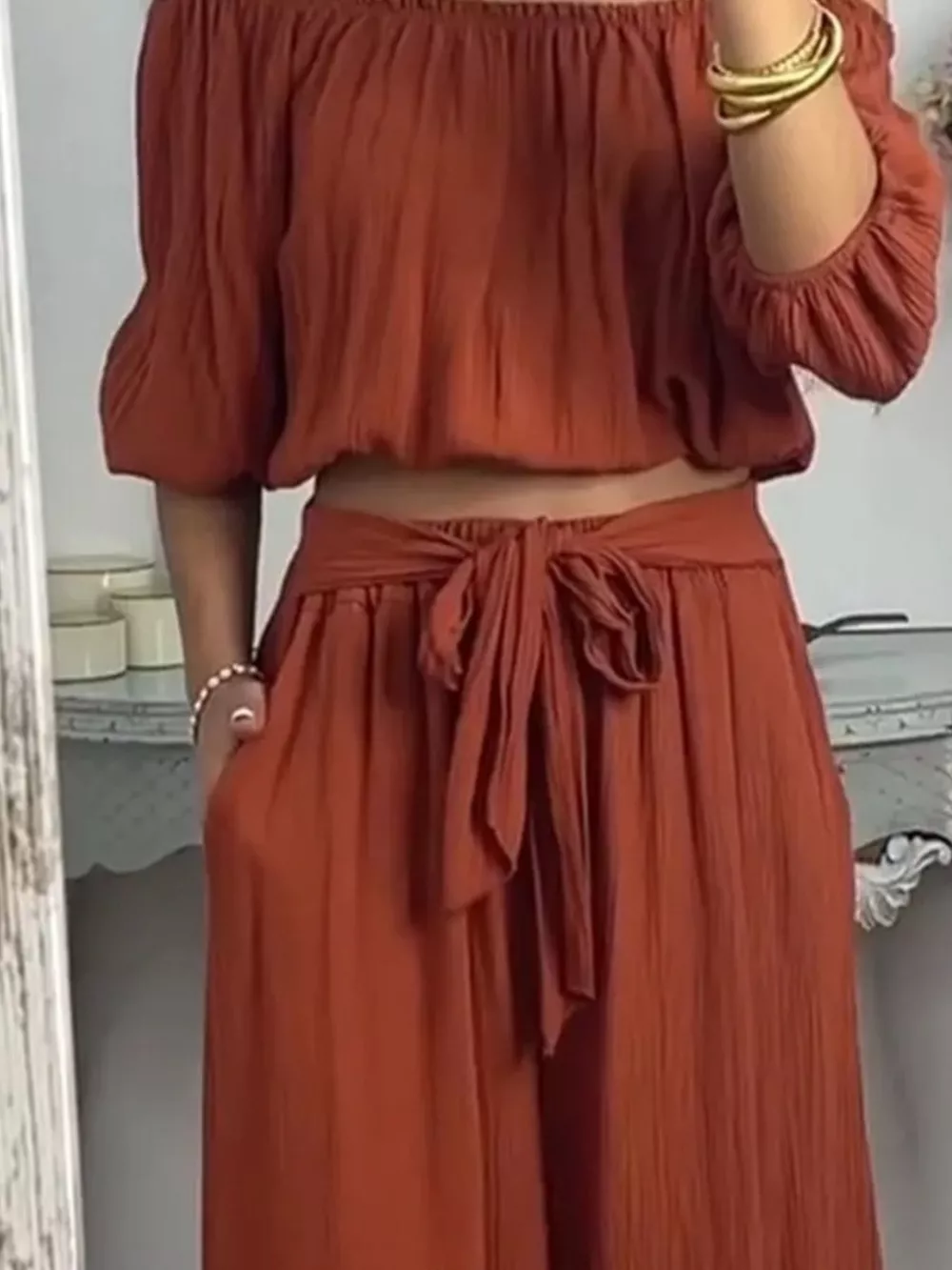 Full Size Off-Shoulder Top and Pants Set Plus Size, image 2