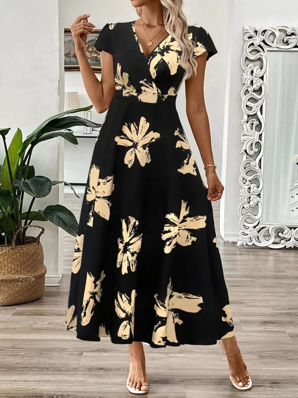 Surplice Cap Sleeve Midi Dress, image 5