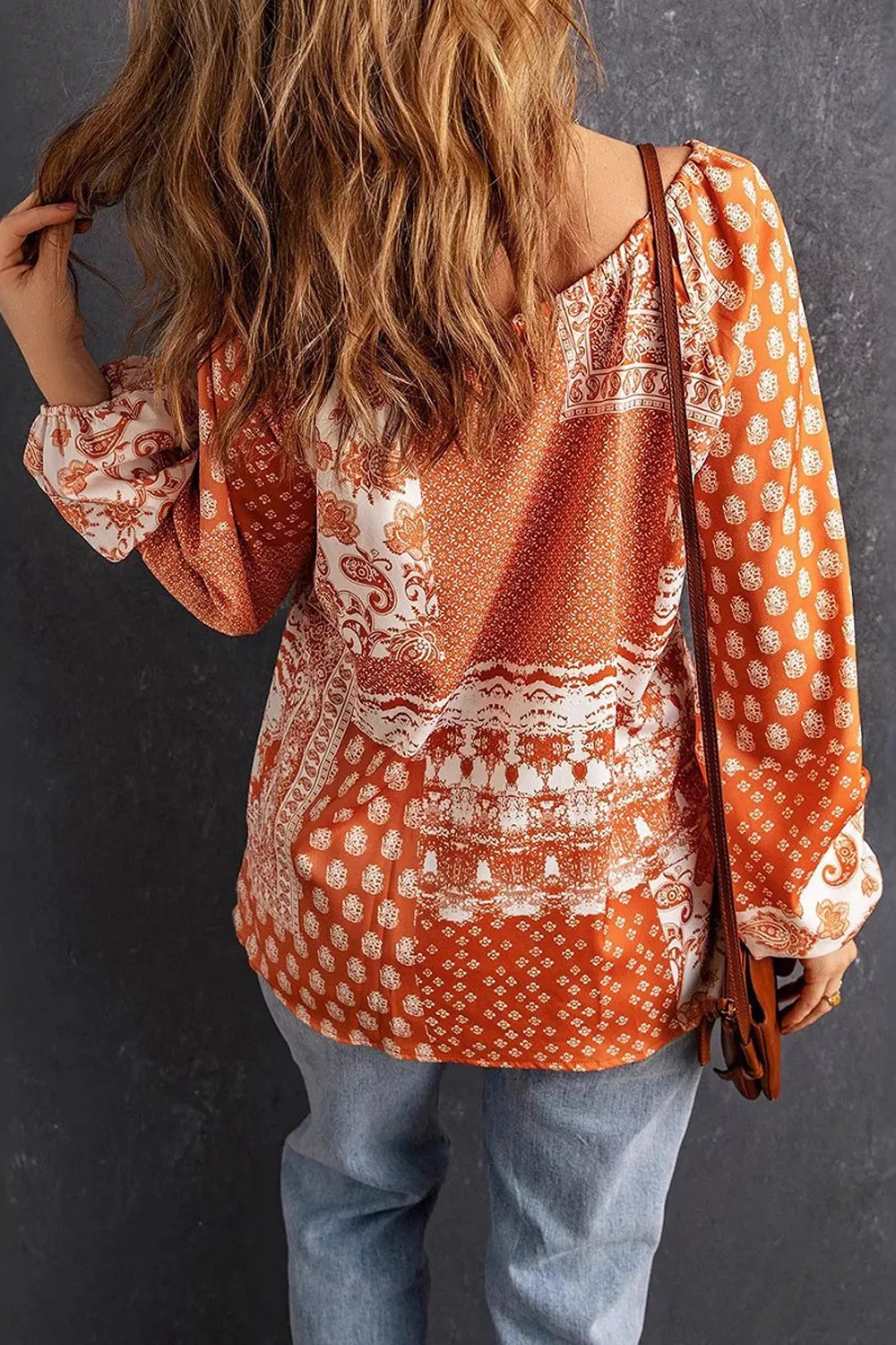 Full Size Paisley Print Tie-Neck Long Sleeve Blouse Plus Size, image 2