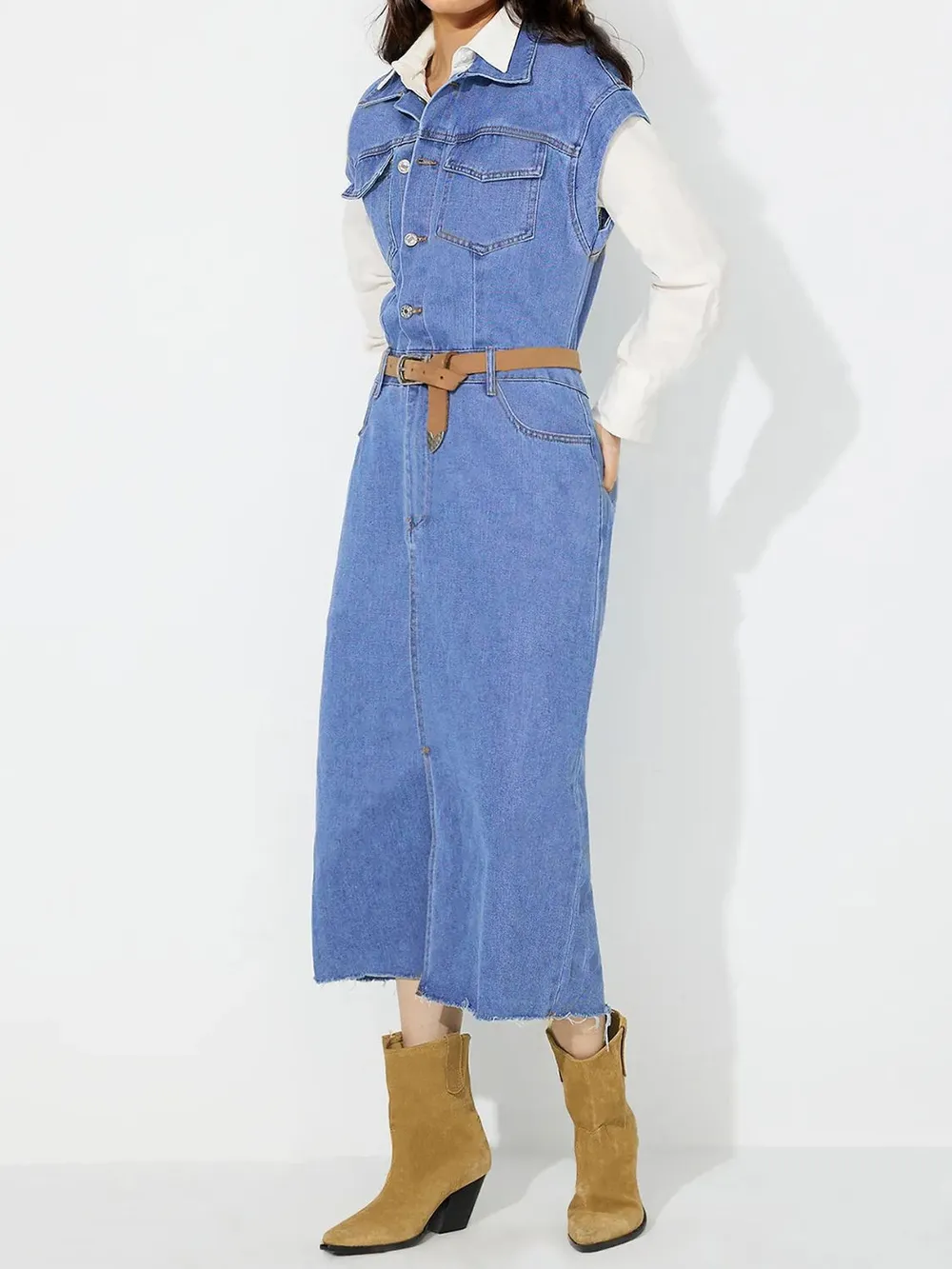 Slit Half Button Collared Neck Cap Sleeve Denim Dress, image 14