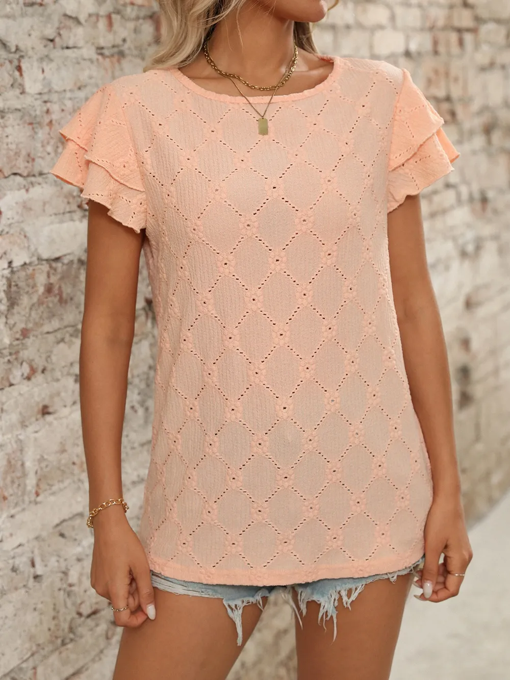 Eyelet Round Neck Double Layered Ruffled Short Sleeve Top, image 3