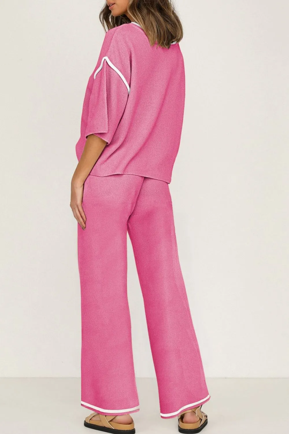 Contrast Trim Round Neck Top and Pants Set, image 2