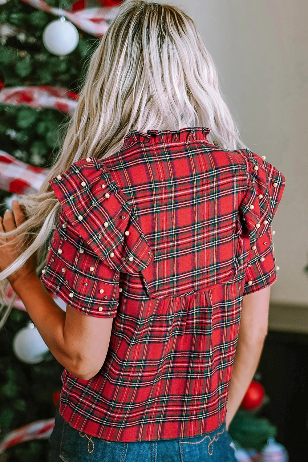 Plaid Pearl-Embellished Tie Neck Blouse, image 2