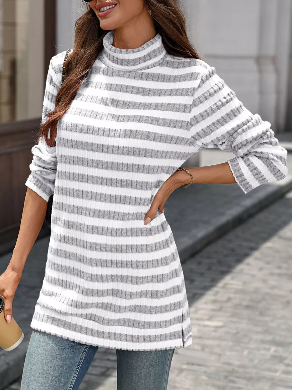 Striped Turtleneck Long Sleeve Knit Top, image 12