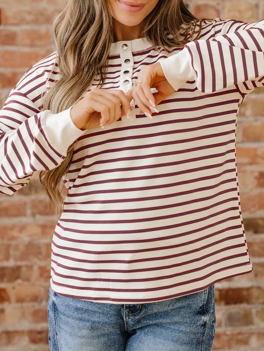 Striped Drop Shoulder Long Sleeve Henley Top, image 2