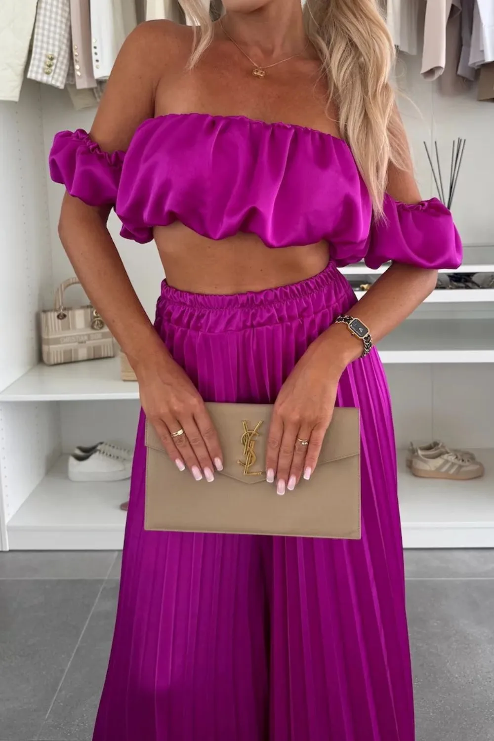 Off-Shoulder Top and Pleated Pants Set, image 4