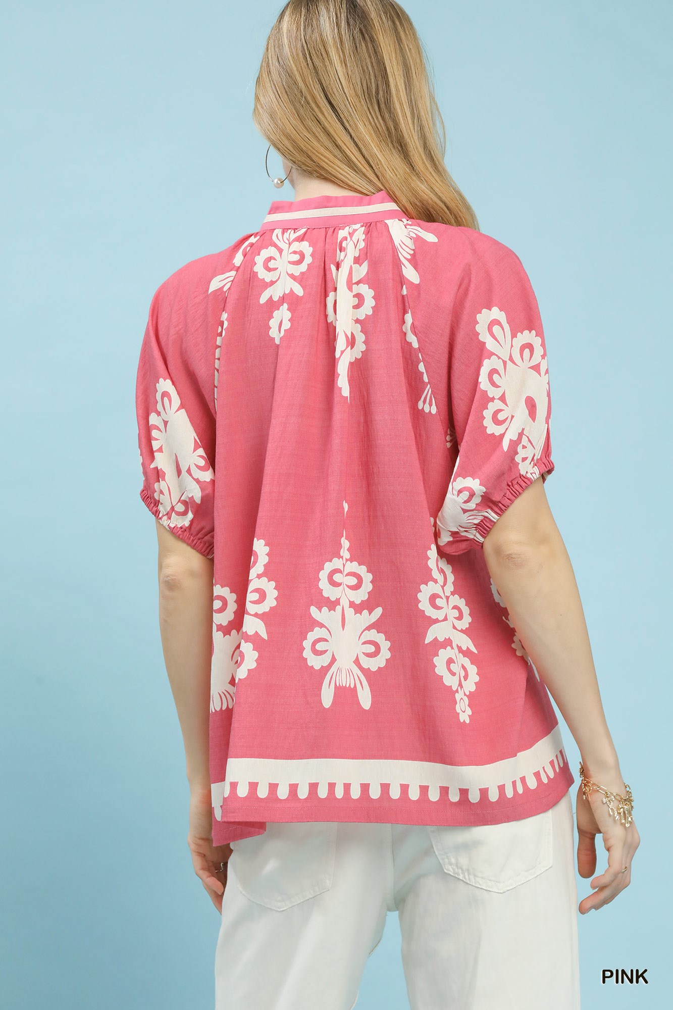 Boho Print Split-Neck Short Sleeve Top, image 3
