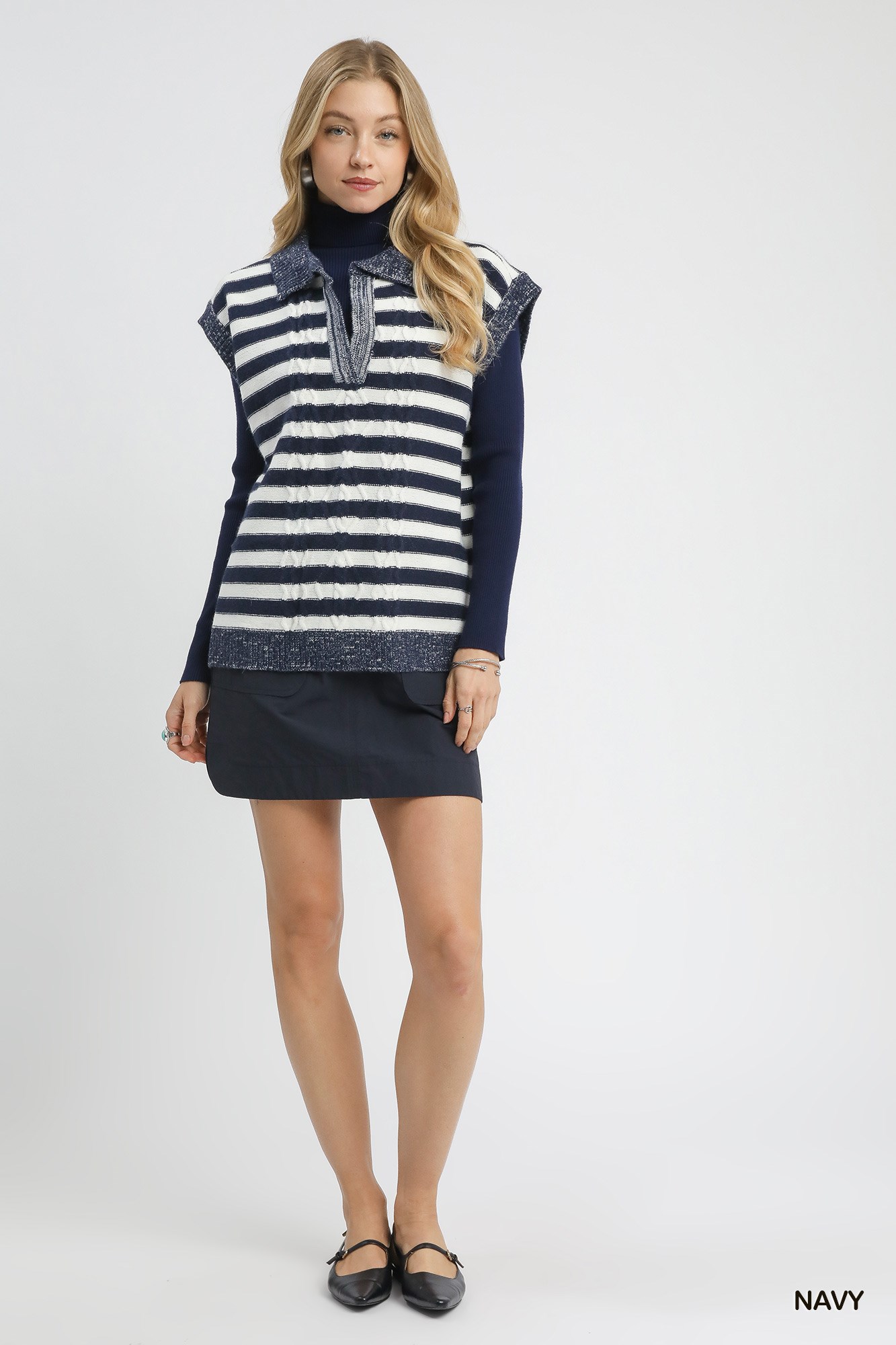 Cable Knit Collared Striped Vest Sweater, image 3