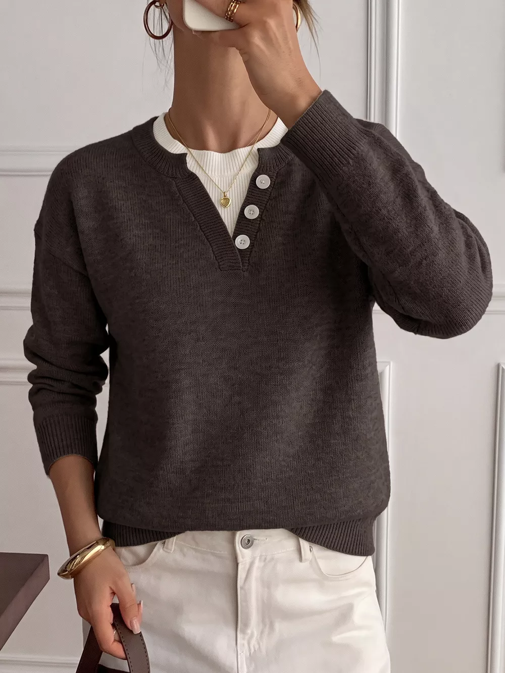 Decor Button-Placket Ribbed Knit Sweater, image 2