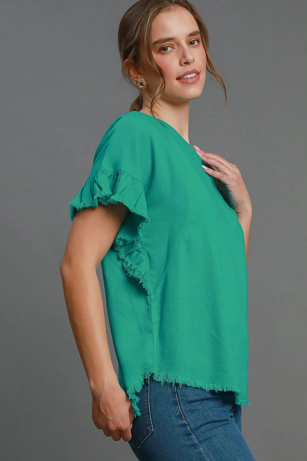 Full Size Raw Hem Ruffle Short Sleeve Blouse Plus Size, image 3