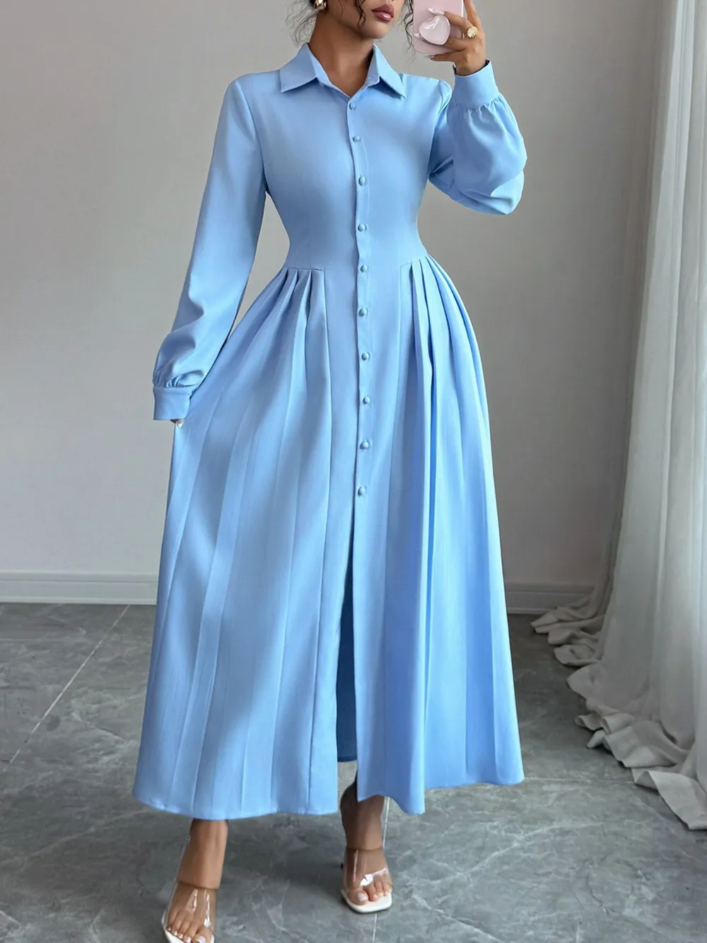 Button-Front Maxi Shirt Dress, image 3