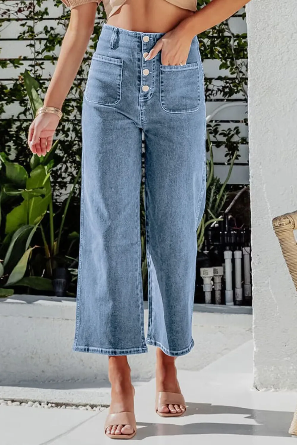 Button Fly Cropped Wide Leg Jeans, image 2
