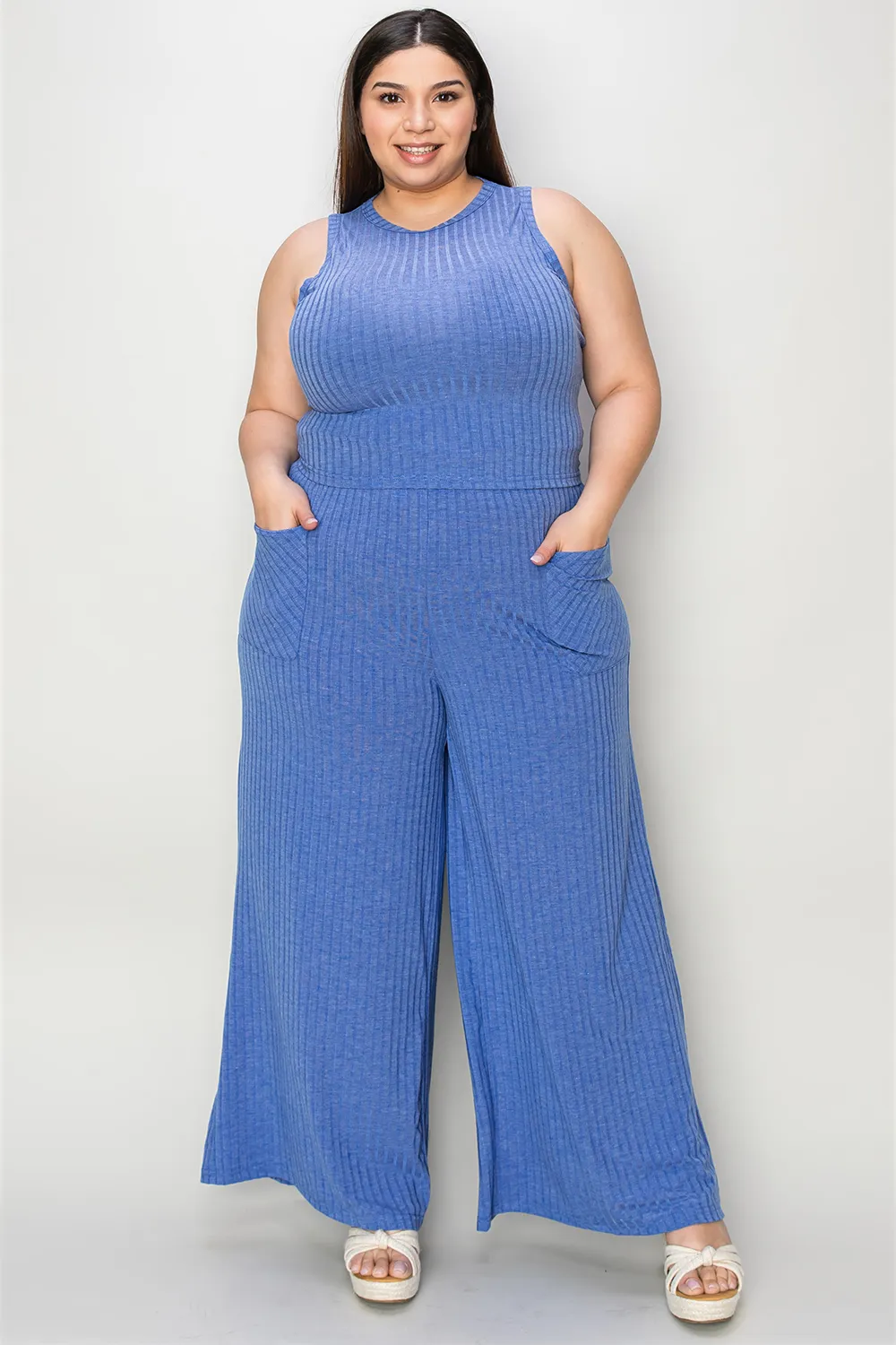 Full Size Ribbed Tank and Wide Leg Pants Set, image 3
