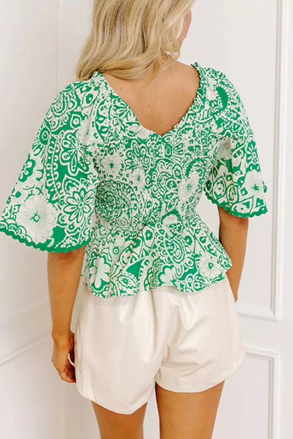Flirty Floral Smocked V Neck Blouse, image 4