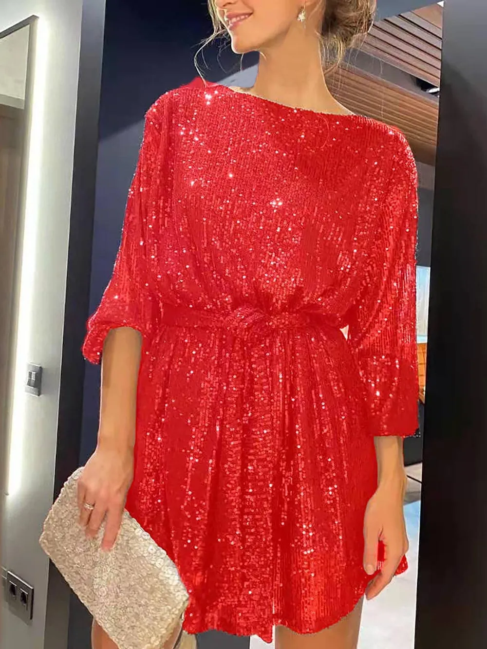 Sequin Tie Waist Long Sleeve Mini Dress, image 3