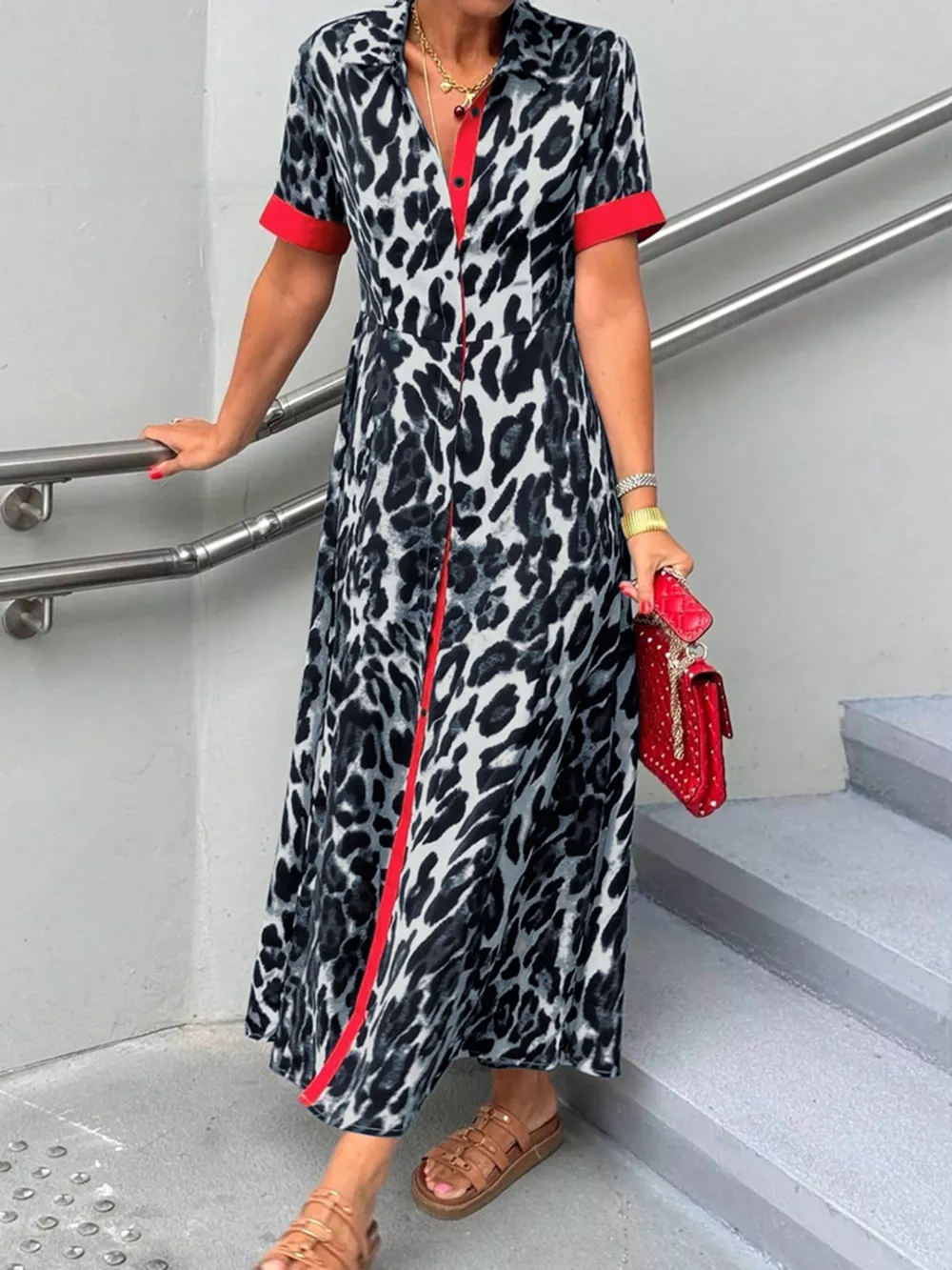 Leopard Print Button-Down Dress with Contrast Trim, image 2