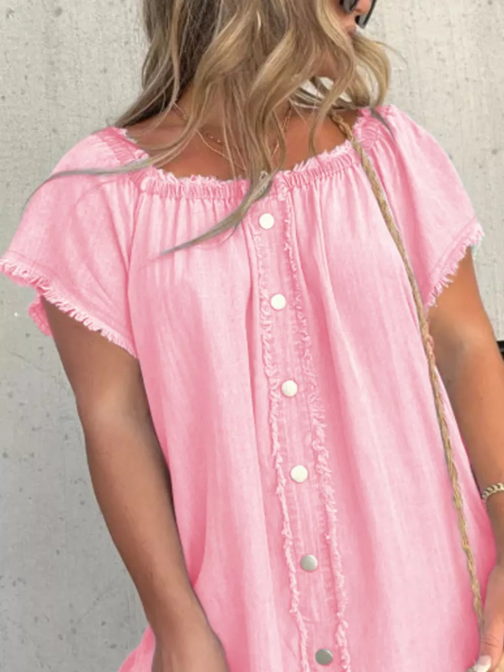 Full Size Off-Shoulder Button-Down Frayed Denim Dress Plus Size, image 12