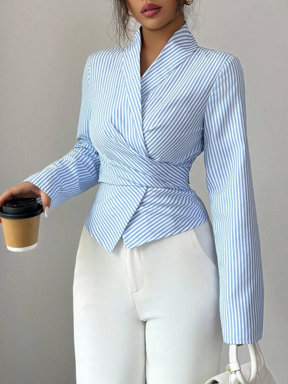 Striped Long Sleeve Wrap Blouse, image 5