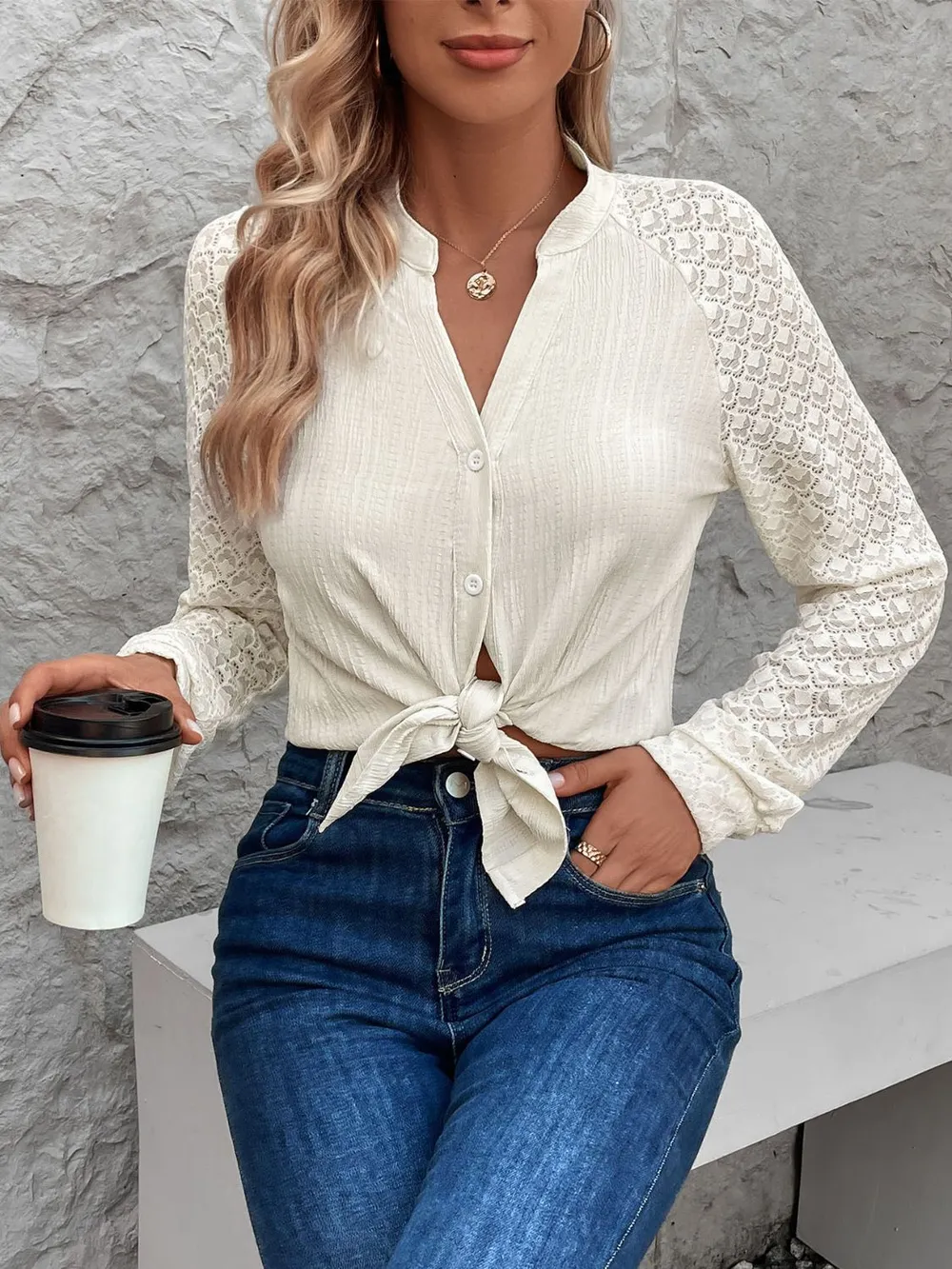 Textured Notched Long Sleeve Shirt, image 2