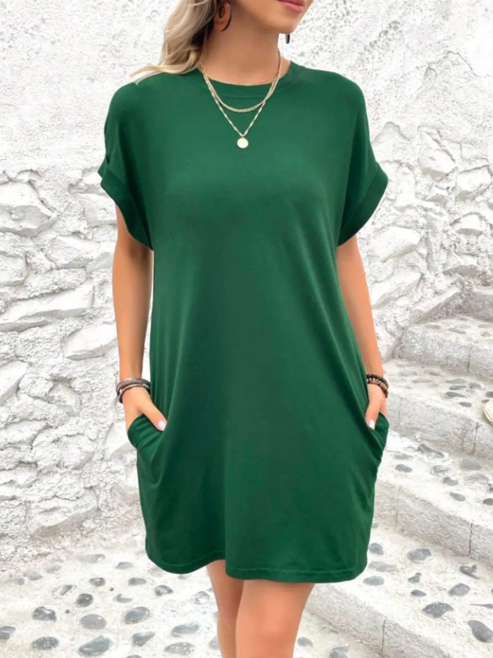 Round Neck Short Sleeve Mini Tee Dress with Pockets, image 3